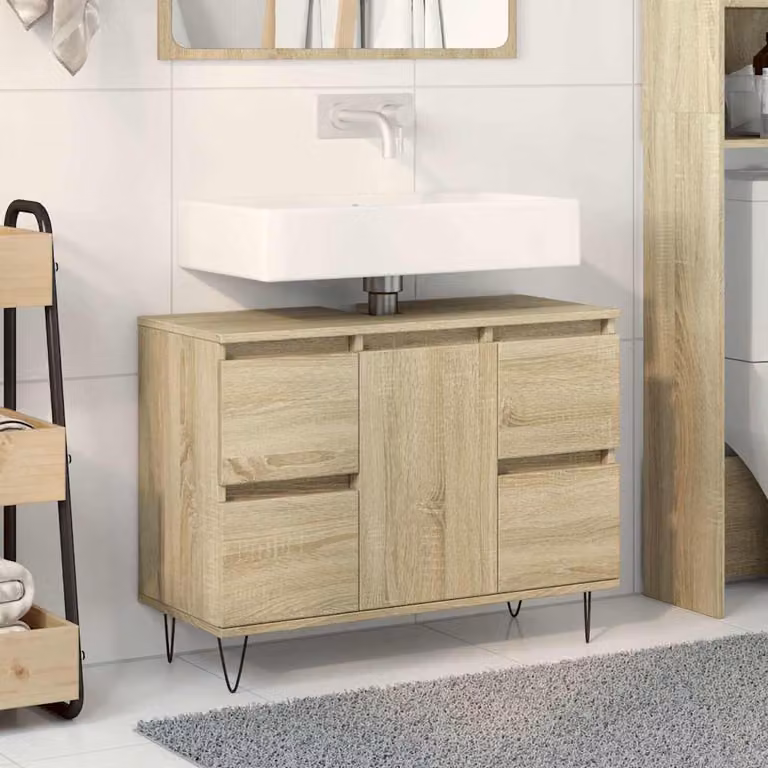 Mobile da bagno vidaXL in legno Rovere Sonoma, colore beige e marrone, con ante a battente e cassetti, L 80 cm x P 33 cm x H 60 cm