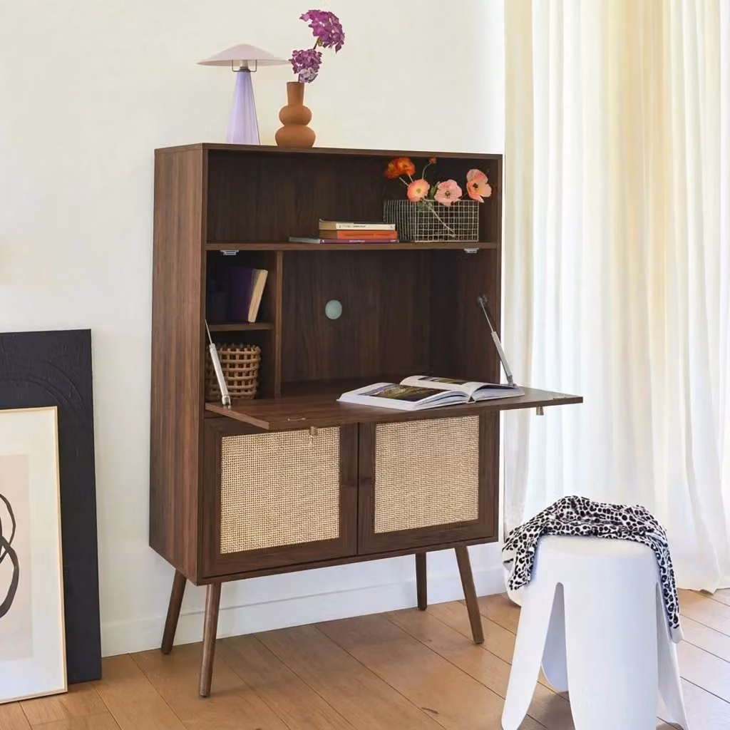 Scrittoio a secretaire Sweeek in stile boho con finitura effetto legno e canna da zucchero, colore marrone, L: 138 cm, P: 38 cm, H: 90 cm – 2