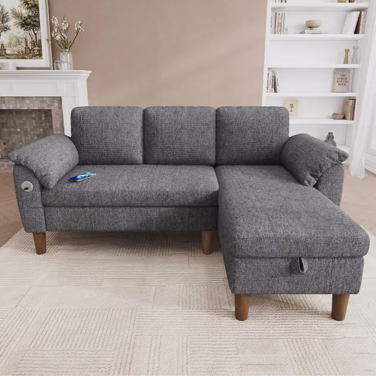 Divano angolare a forma di L, 3 posti, chaise longue con spazio contenitore, porte USB/Type-C, tasca laterale, tessuto in chenille (GRIGIO CHIARO)