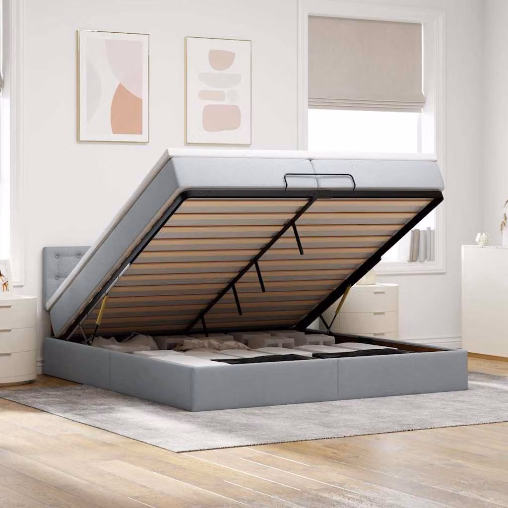 Letto matrimoniale con contenitore a sollevamento vidaXL in tessuto grigio e bianco con porta USB e illuminazione sottostante L/P/H: 200 x 203 x 88 cm