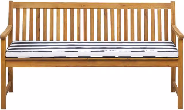 Panca da giardino Beliani in legno di acacia oliato con cuscino imbottito a righe blu e marrone, stile rustico per esterno, L: 160 cm