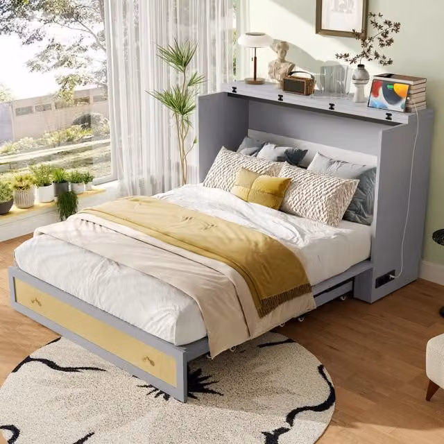 Letto a scomparsa REDOM in MDF Grigio con porta USB e mensola, L/P/H: 206 x 147,5 x 102 cm