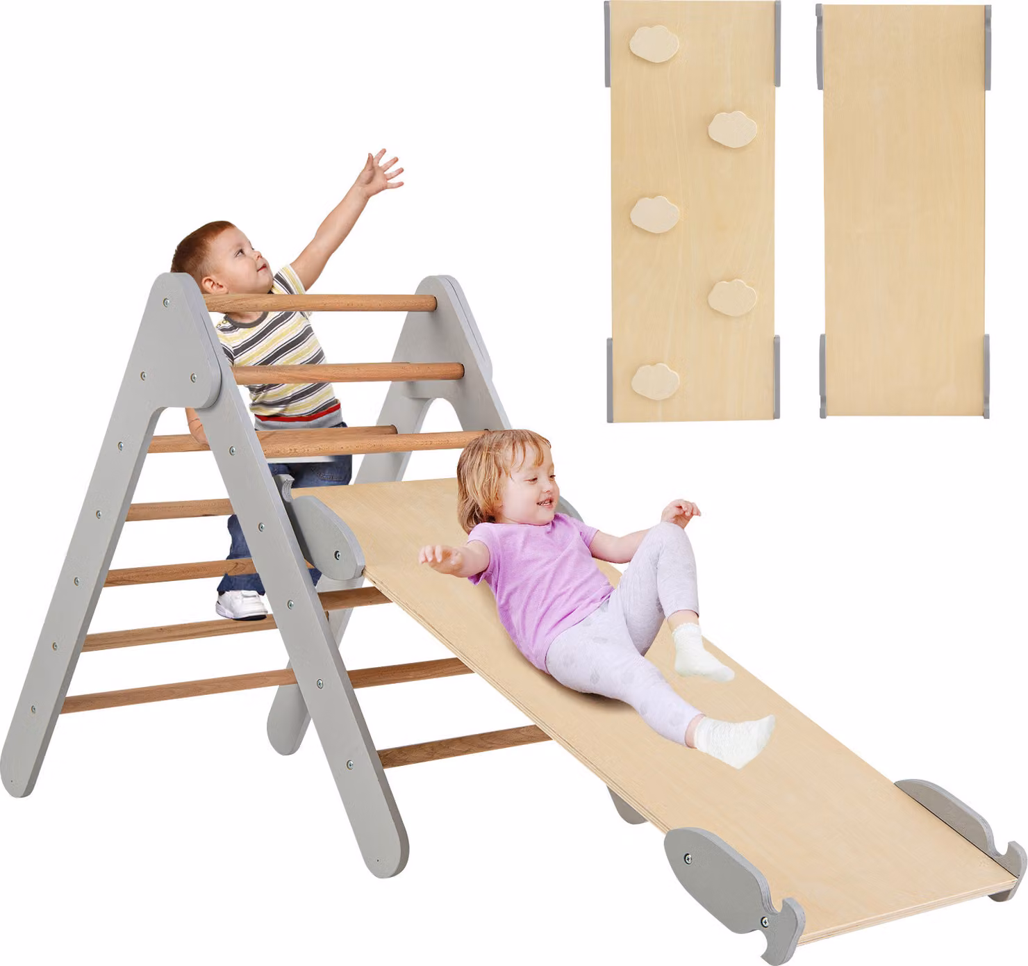 COSTWAY triangolo di arrampicata con rampa, triangolo a pioli per arrampicarsi e scivolare, per bambini da 1 anno (grigio)
