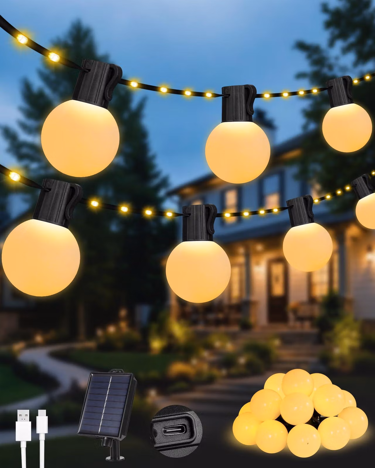 Catena luminosa solare, 10 metri, 100 LED, 20 lampadine G40, luce bianco caldo, grado di protezione IP65