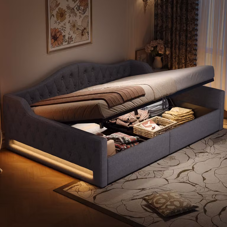 MODFU Divano letto con materasso 140x200 con illuminazione LED regolabile a 7 colori e contenitore, letto per studenti con struttura in legno, letto per ospiti, grigio