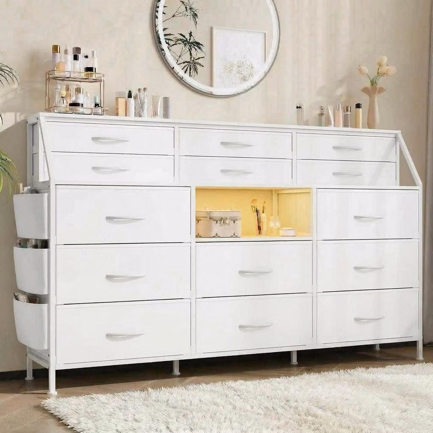 Comodino con 14 cassetti in tessuto, struttura in MDF, finitura bianca, dimensioni 100x36x28,5 cm