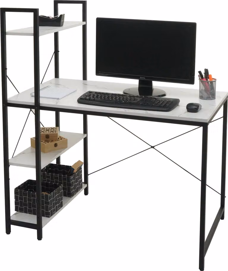 Scrivania con ripiano HWC-K81, tavolo per laptop, tavolo da lavoro per ufficio, 100x60cm metallo MDF ~ marmo bianco