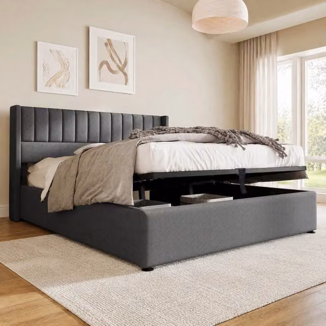 Letto Contenitore Idraulico REDOM con Struttura Imbottita in Lino Grigio e Beige L/P/H: 140 x 200 cm