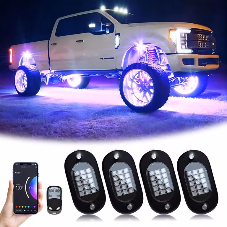 Kit di luci a LED RGB per auto, composto da 4 luci, con controllo tramite app o radiofrequenza, modalità musicale, impermeabili e alimentazione a 12V DC