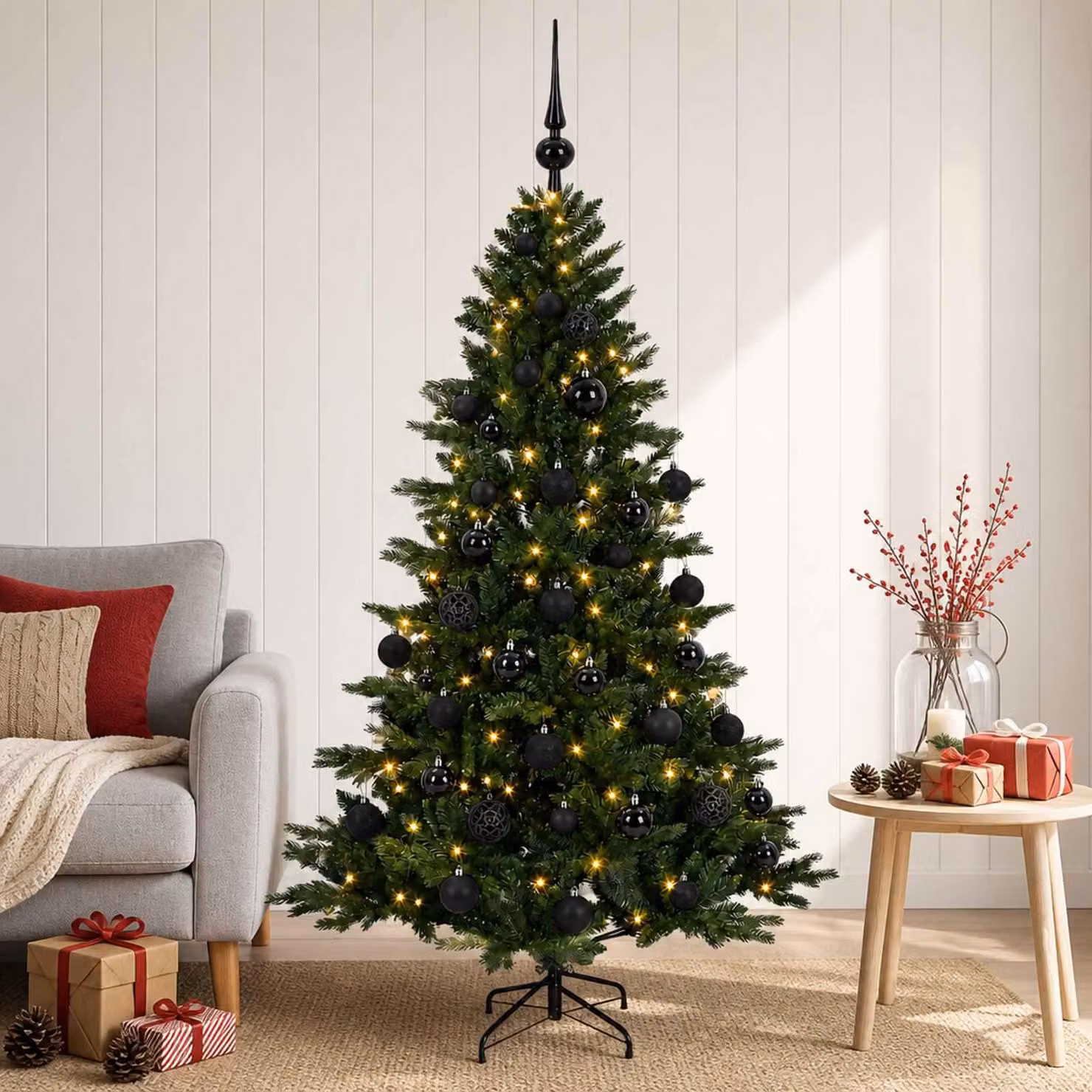 Albero di Natale artificiale con decorazioni a forma di sfera natalizia, altezza 120 cm, con 150 luci a LED