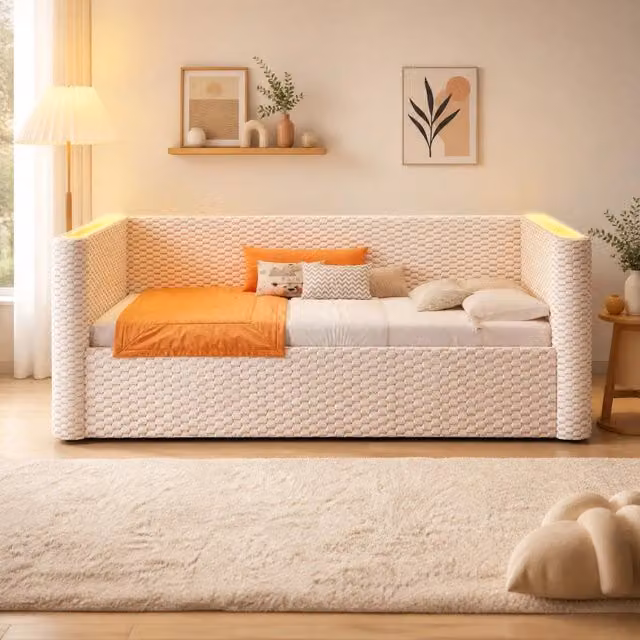 Divano letto daybed 90x200 cm in velluto beige con LED e contenitore idraulico