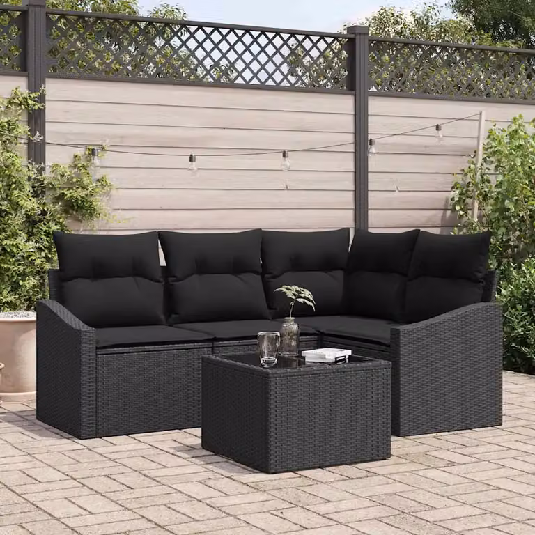 Set Divano da Giardino a L vidaXL in Polyrattan Nero con Cuscini e Tavolino da Caffè