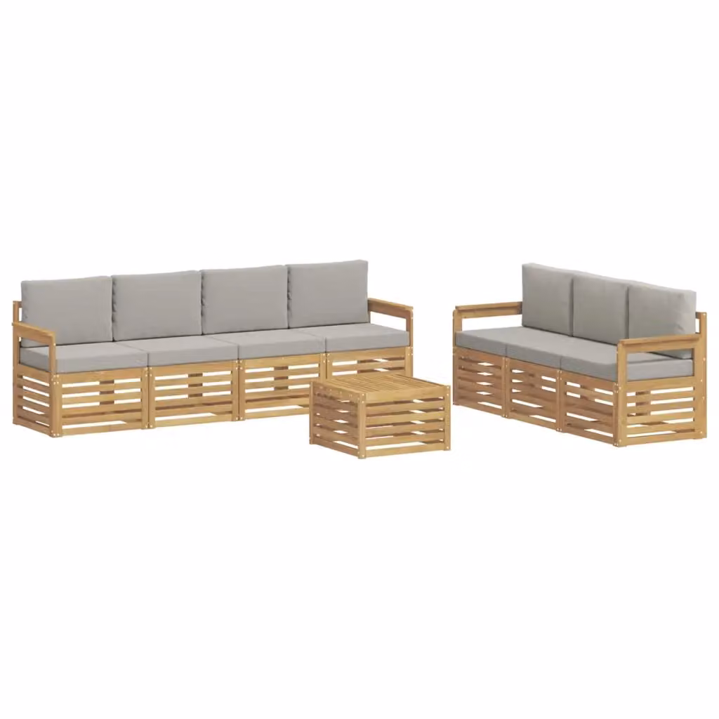 Set da giardino moderno vidaXL composto da divano a L, poltrone e tavolino da caffè in legno di acacia con cuscini bianchi e grigi – 2