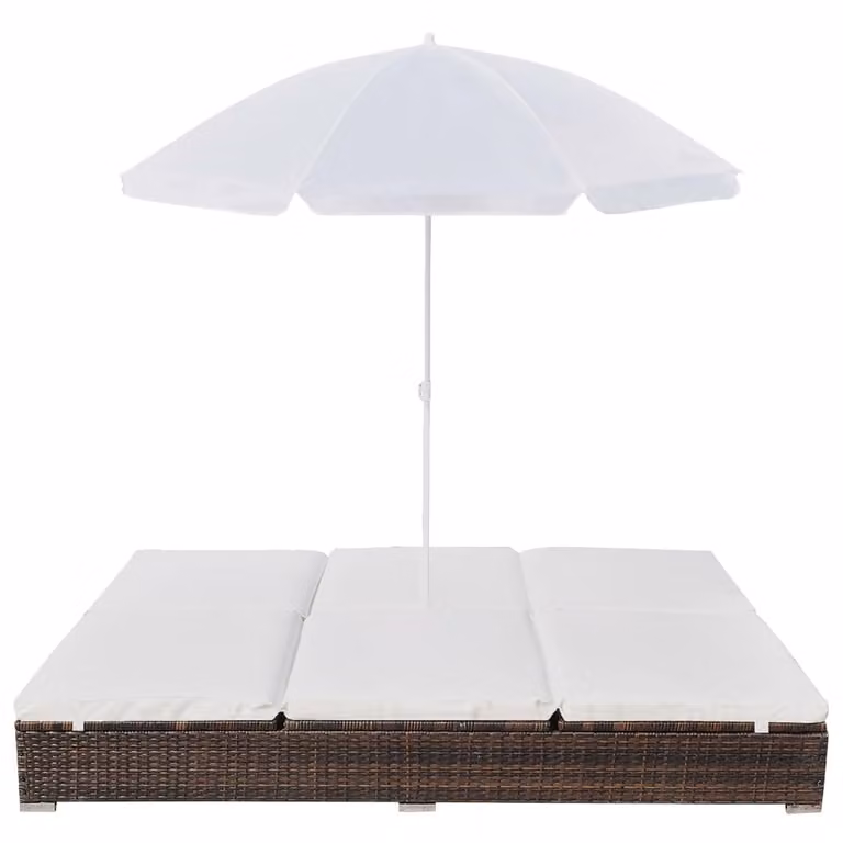 Lettino Prendisole con Ombrellone in Polyrattan Marrone