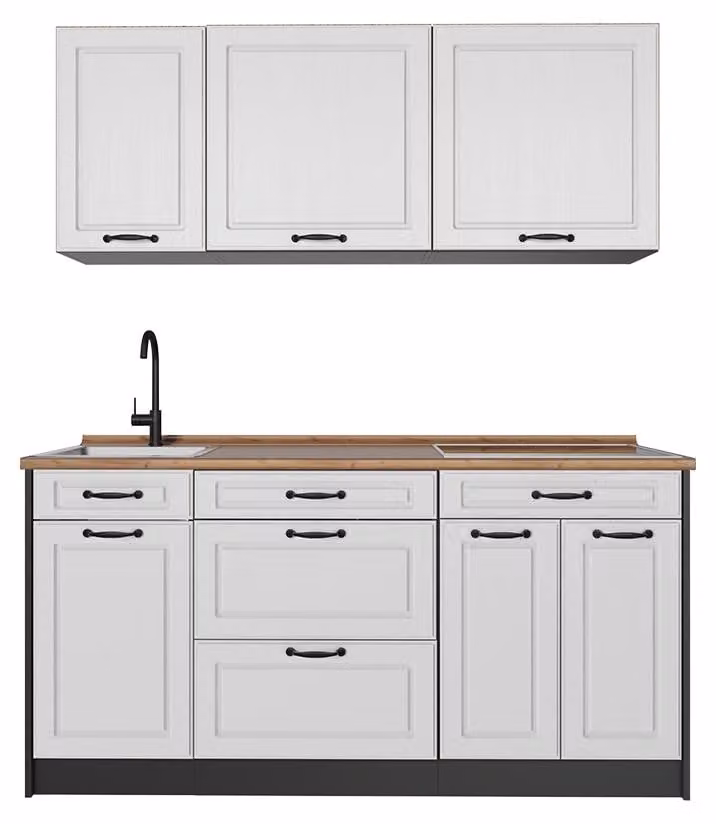 Cucina monoblocco Vicco R-Line Bianco country/Antracite 160 cm piano di lavoro Rovere dorato, Model 67687