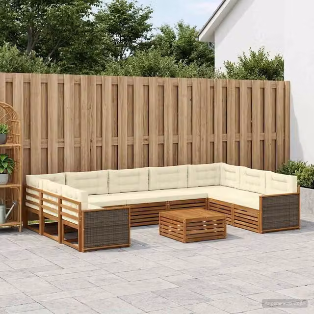 Set di divani da esterno a forma di U vidaXL in legno di acacia con cuscini beige e bianchi – 1