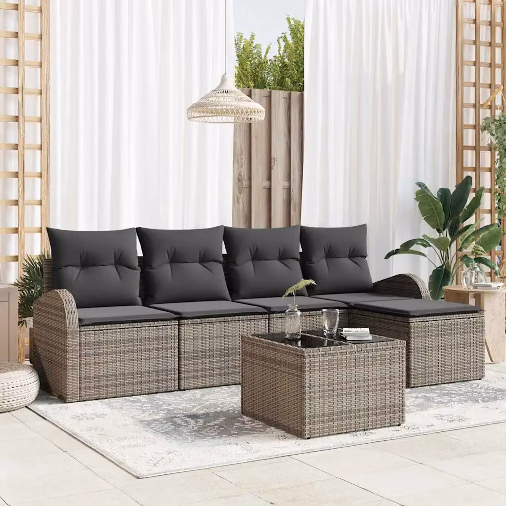 Set Divano da Giardino vidaXL 6 Pezzi a Forma di L Grigio con Tavolino e Pouf in Polyrattan e Acciaio – 1