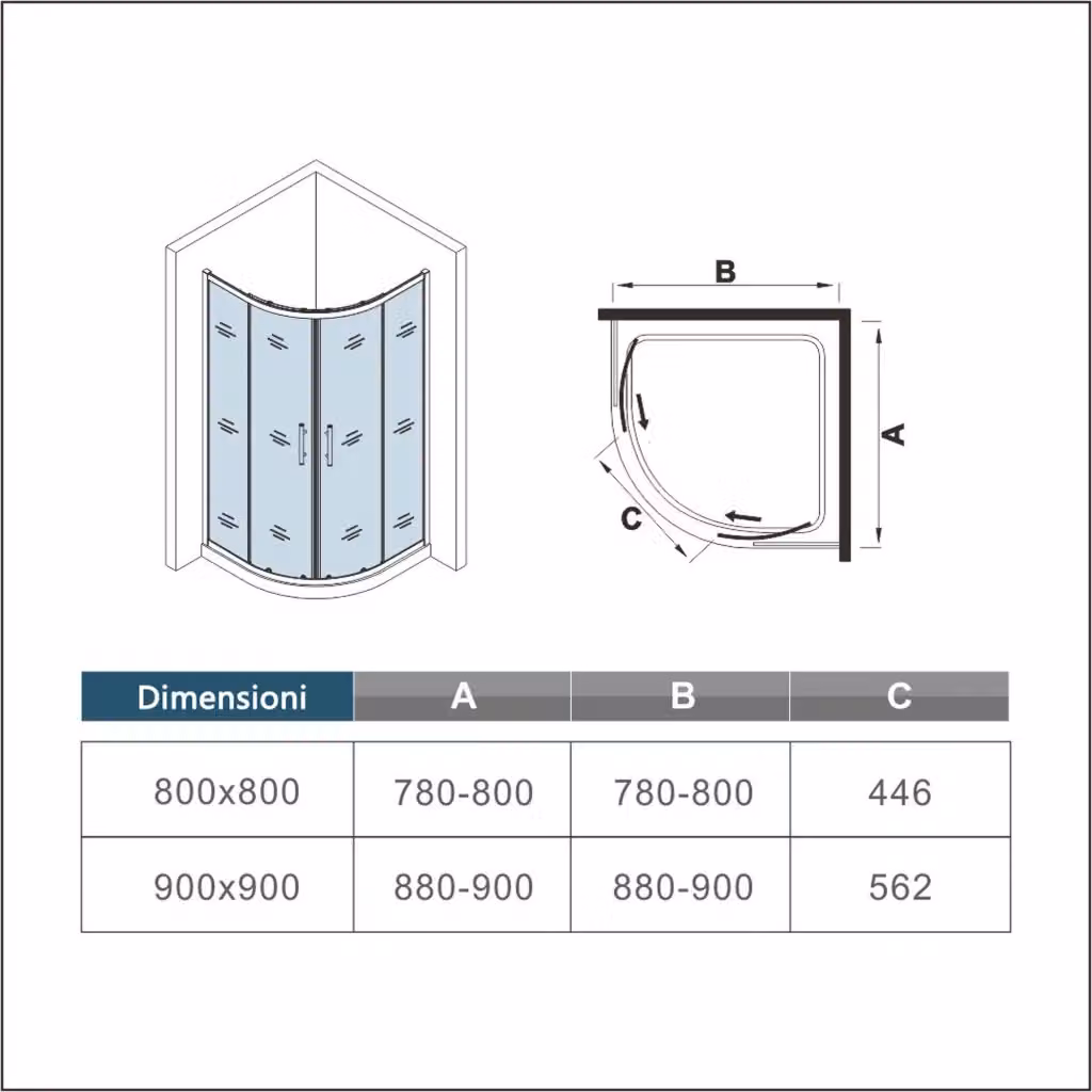 Box Doccia Semicircolare Aica Italy con Ante Scorrevoli in Vetro Temperato da 5mm, Trasparente e Profilo Nero Opaco, L/P/H: 90 x 90 x 185 cm – 2