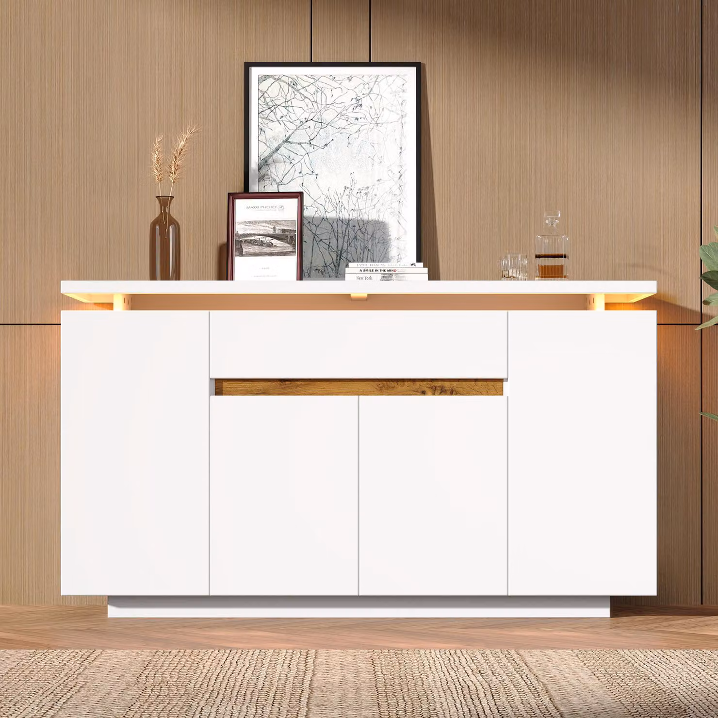 Mobile contenitore a buffet con illuminazione a LED, dotato di 1 cassetto e 4 ante, ideale per il soggiorno, l'ingresso o la cucina, colore bianco