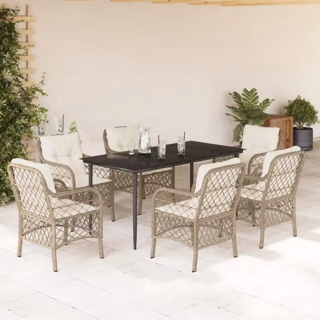 Set da pranzo da giardino VIDAXL in polyrattan con tavolo in vetro e 7 pezzi con cuscini beige