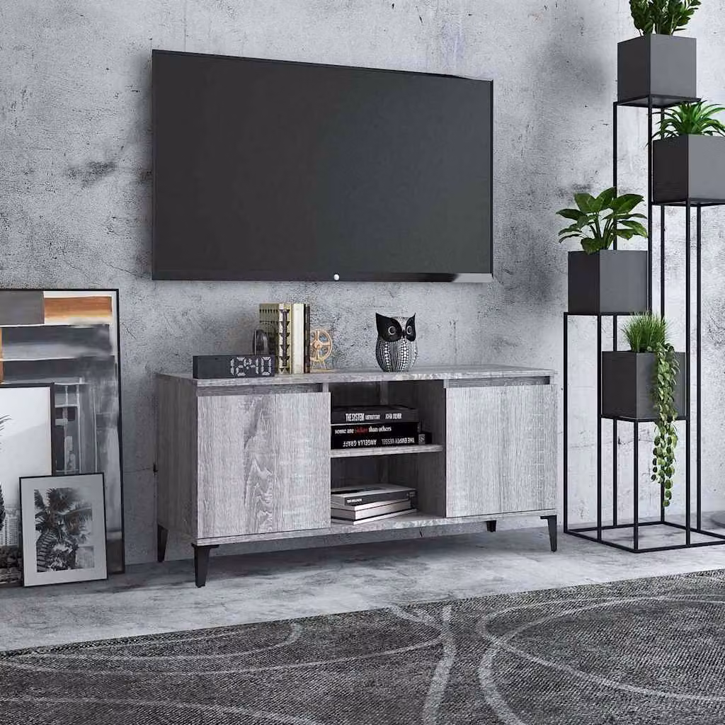 Mobile TV moderno vidaXL con gambe in metallo, Grigio Sonoma, L: 103,5 cm, P: 35 cm, H: 50 cm