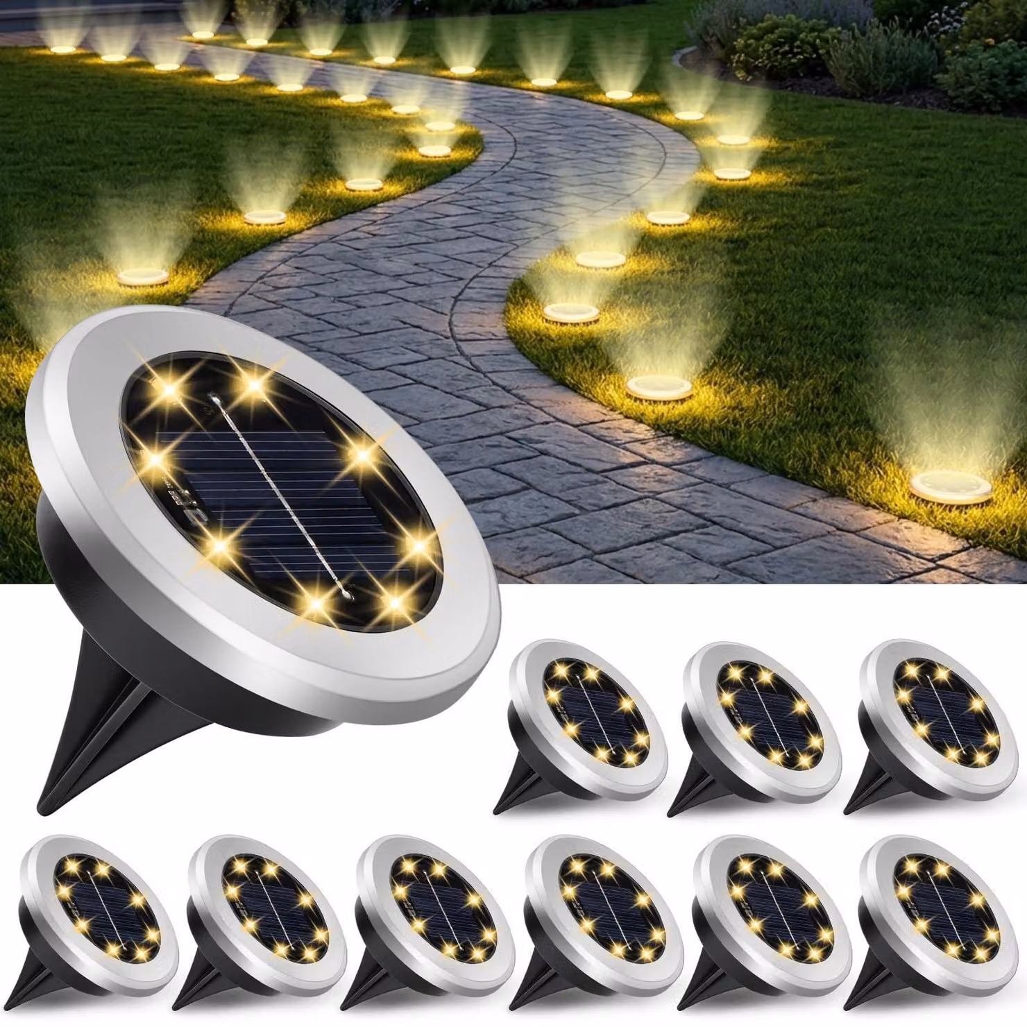 Set di 10 luci solari da giardino, con 8 LED, grado di protezione IP65, luce bianco caldo