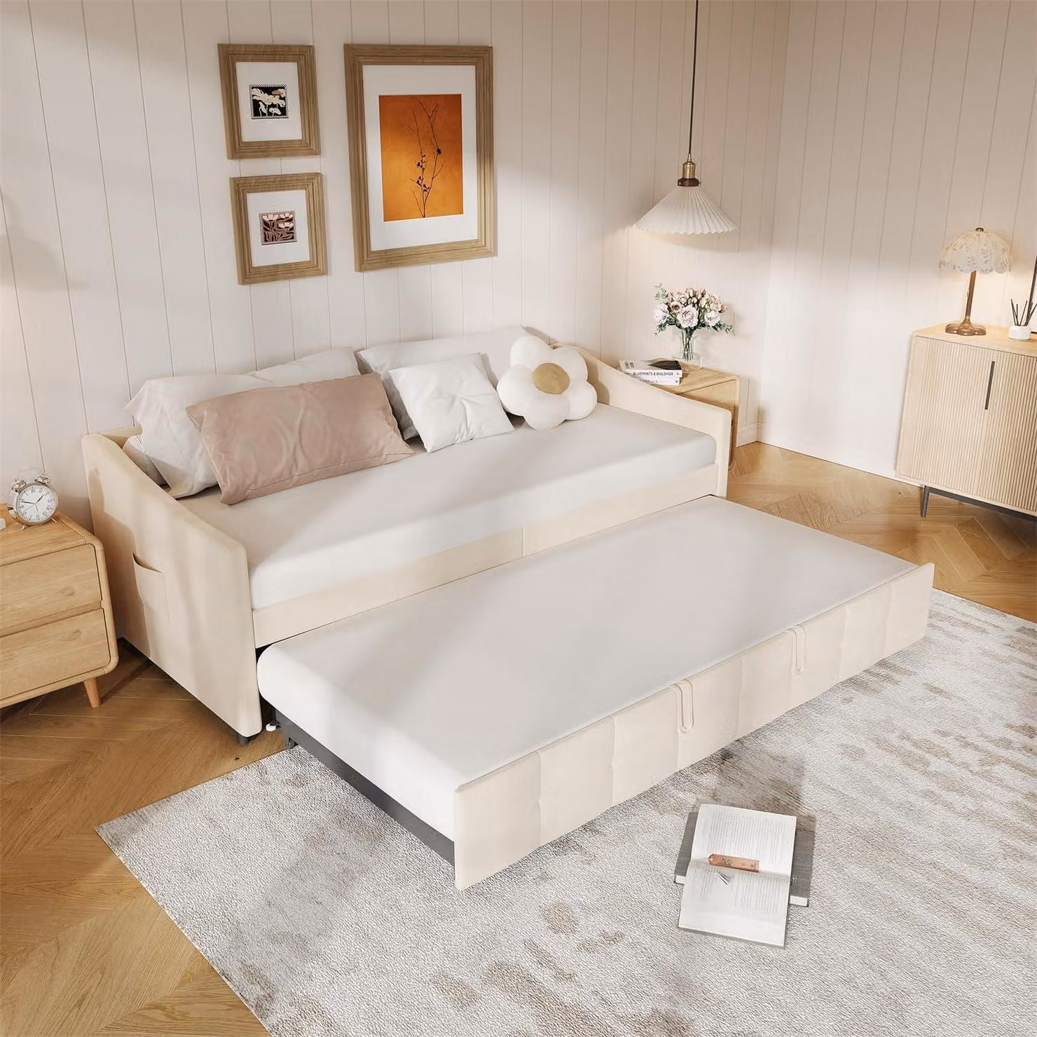 Divano letto 90x200 cm con rete a doghe, estendibile, ideale come letto giorno, imbottito, in velluto, color crema