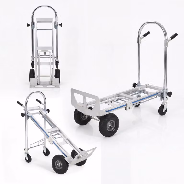 Carrello pieghevole in alluminio 3-in-1: piattaforma, maniglia telescopica, ruote in gomma, capacità di carico 250 kg, colore argento