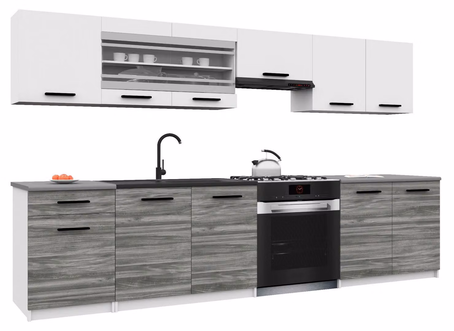 Belini - Angolo cottura moderno ITALIA 4 - Mobili da cucina 260 cm bianco-grigio Glamour opaco - Cucina componibile con pensili, mobili base e piani di lavoro