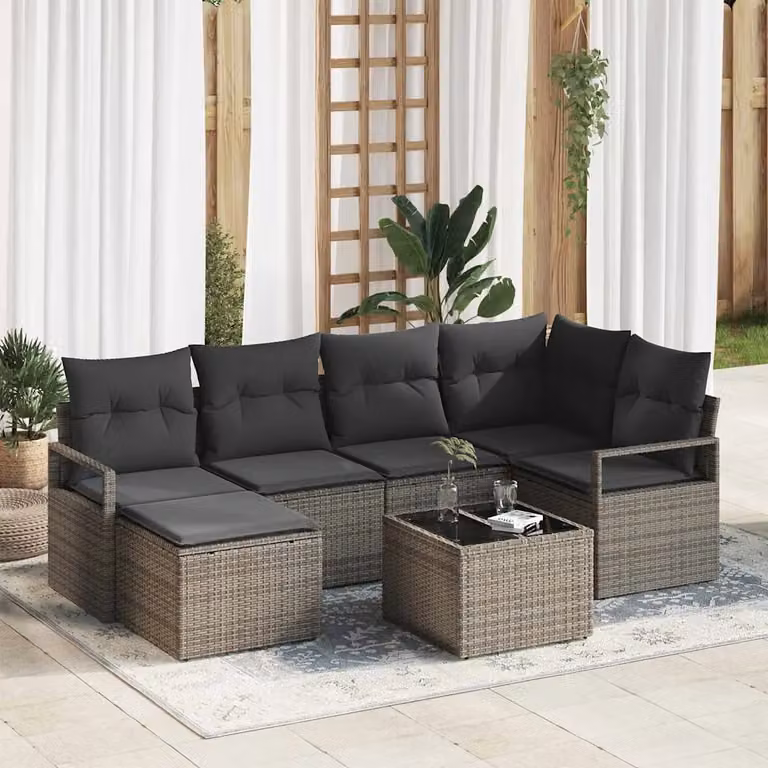 Set di divani da giardino vidaXL 7 pezzi in rattan grigio con cuscini e tavolino da esterno
