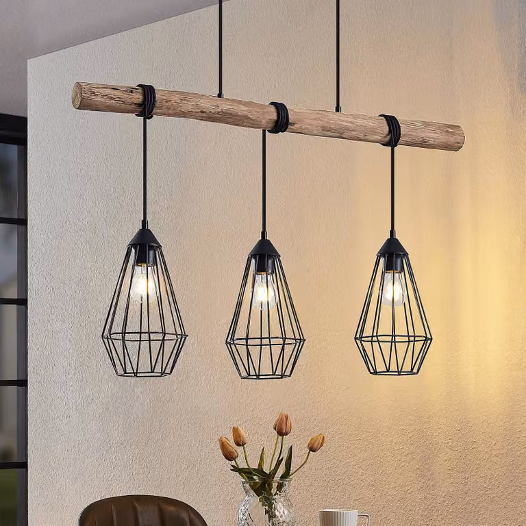 Lampada a sospensione Eldarion Lindby, dimmerabile, Legno chiaro, Soggiorno / Sala da pranzo, Metallo, Campagna / Rustiche, Lampada a sospensione
