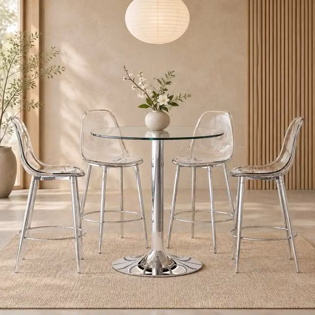 Set tavolo e sedie con 1 tavolo da bar e 4 sgabelli regolabili in vetro metallo e plastica trasparente argento