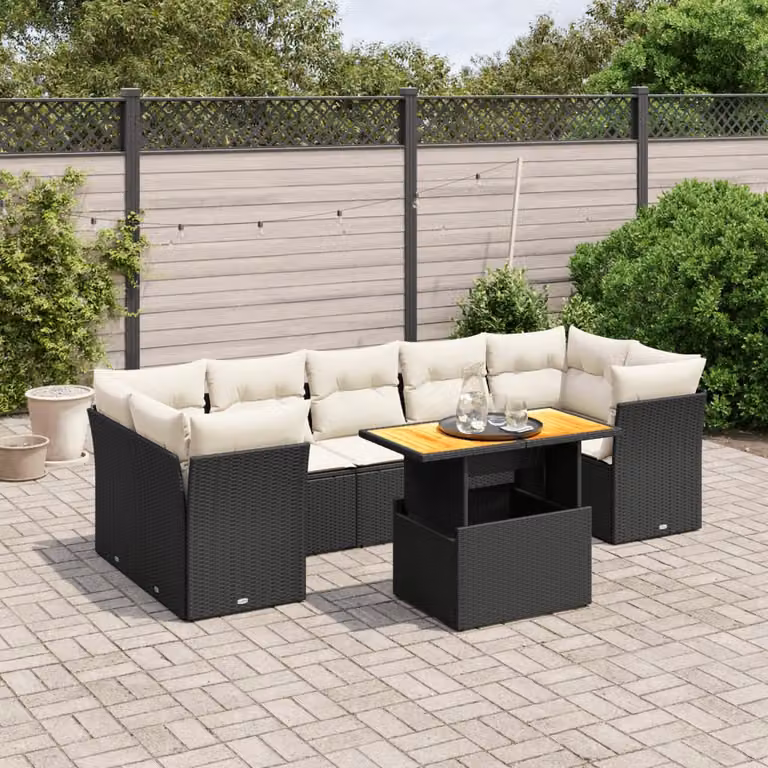 Set Divani da Giardino vidaXL a Forma a L con Cuscini e Tavolino, 8 Pezzi, Nero e Bianco in Polyrattan e Metallo