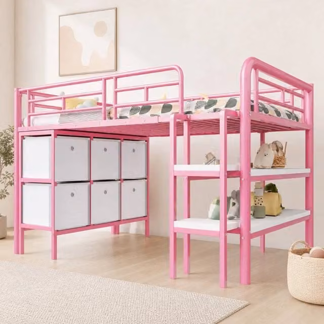 Letto a soppalco basso per bambini 90x200 cm in metallo e MDF; rosa; con scala ampia e vano portaoggetti
