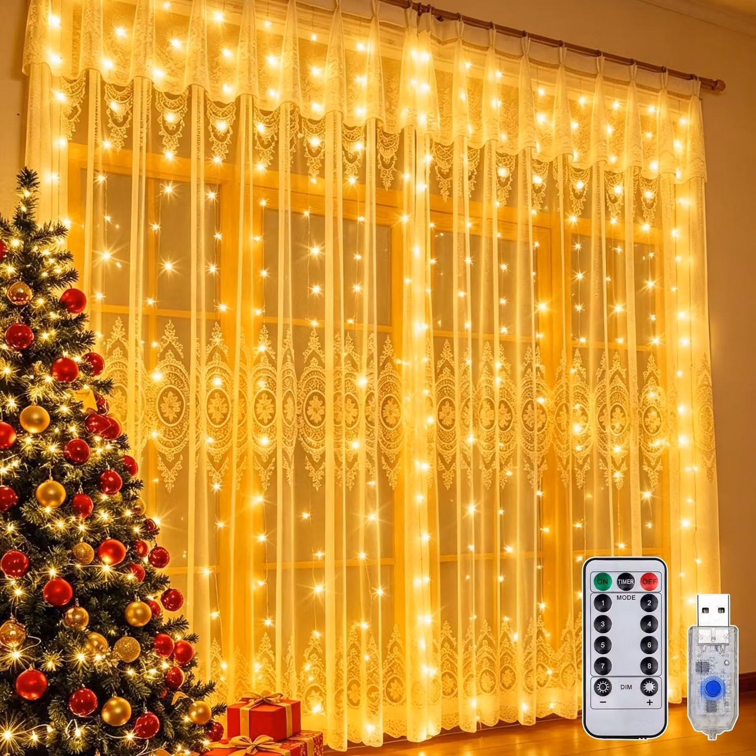 Tenda luminosa bianco caldo, dimensioni 3x2 metri, 200 LED, impermeabile, cavo in rame