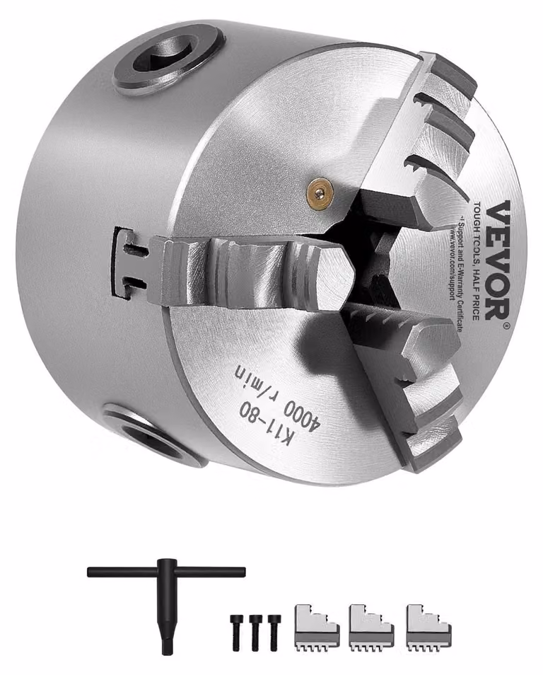 VEVOR Mandrino per tornio a 3 griffe 80mm Mandrino autocentrante Gamma di serraggio 2-63mm Ganasce reversibili HT300 Materiale per torni per legno e metallo