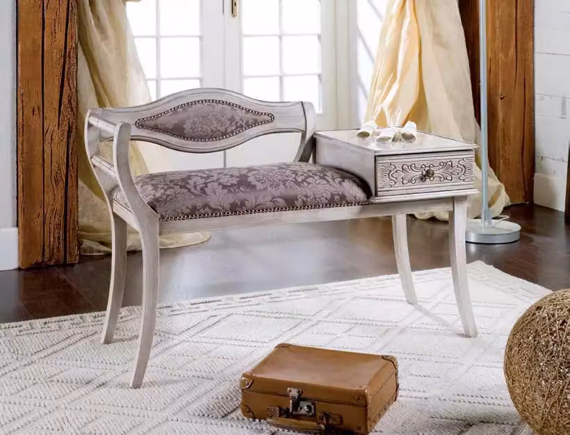 Divanetto porta telefono shabby chic in legno di faggio laccato bianco con decorazioni floreali Mobili 2G L/P/H: 102 x 44 x 73 cm – 4