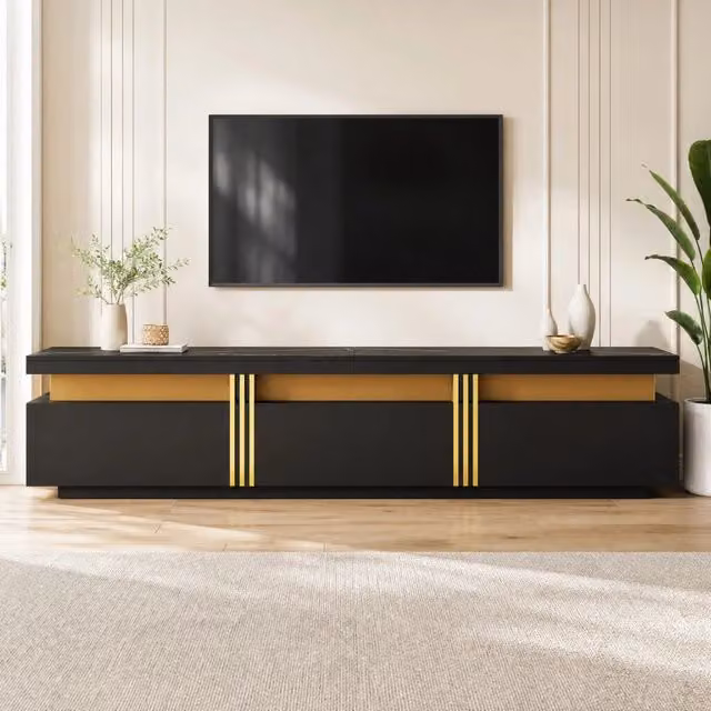 Mobile TV moderno 200 x 40 x 42 cm con finitura effetto marmo; 3 cassetti; nero