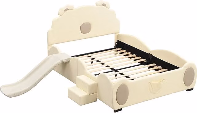Letto per bambini 140x200 cm a forma di orso con scivolo e scala, in PU e MDF, colore beige