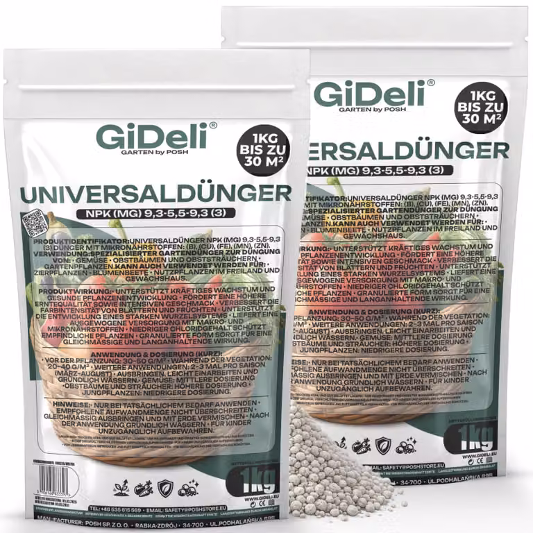 Concime universale 2 kg, fertilizzante per giardino, a basso contenuto di cloruri, adatto per ortaggi e frutta, a lenta cessione. GiDeli