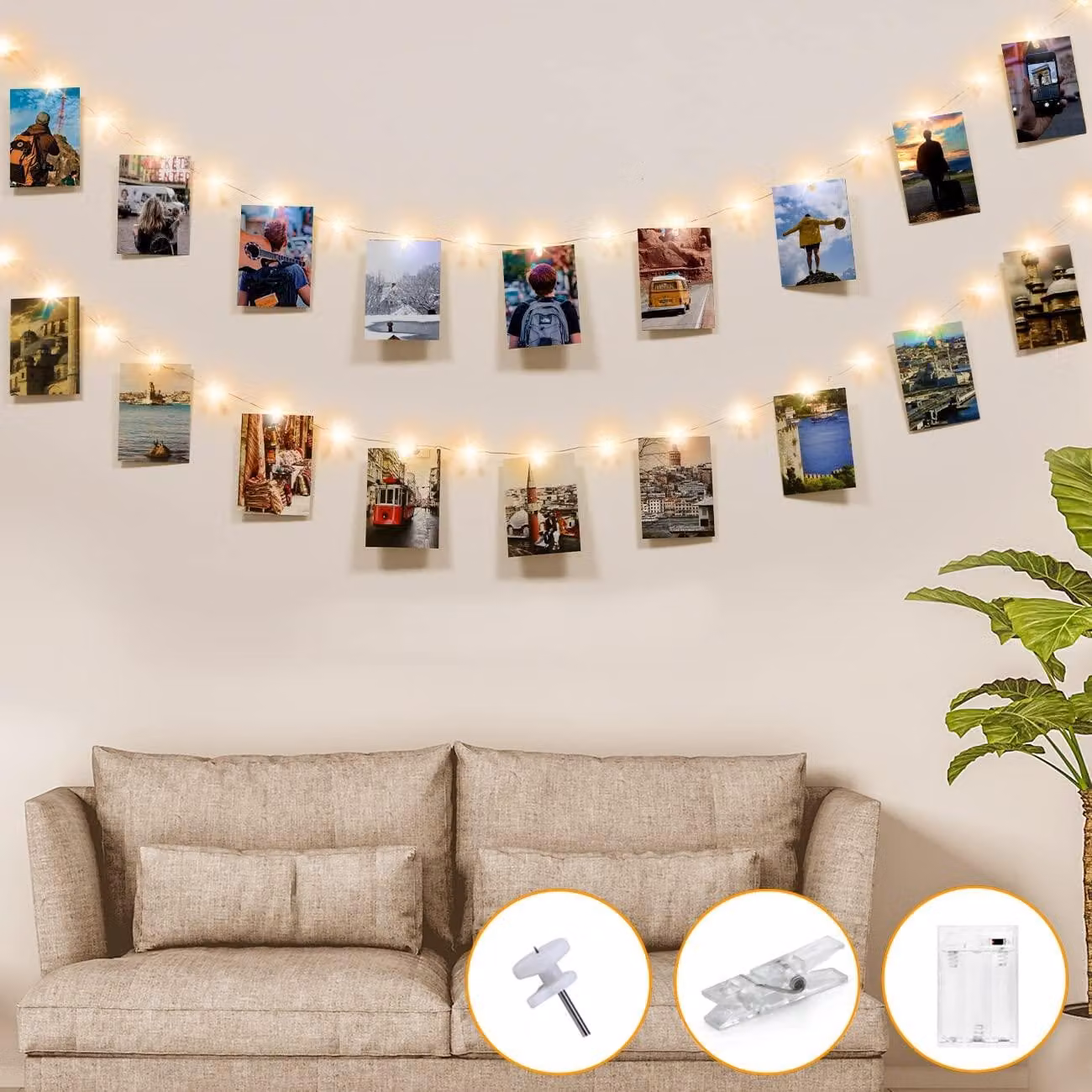 Catena luminosa a LED con 50 luci, lunghezza 5 metri, con clip, luce bianco caldo