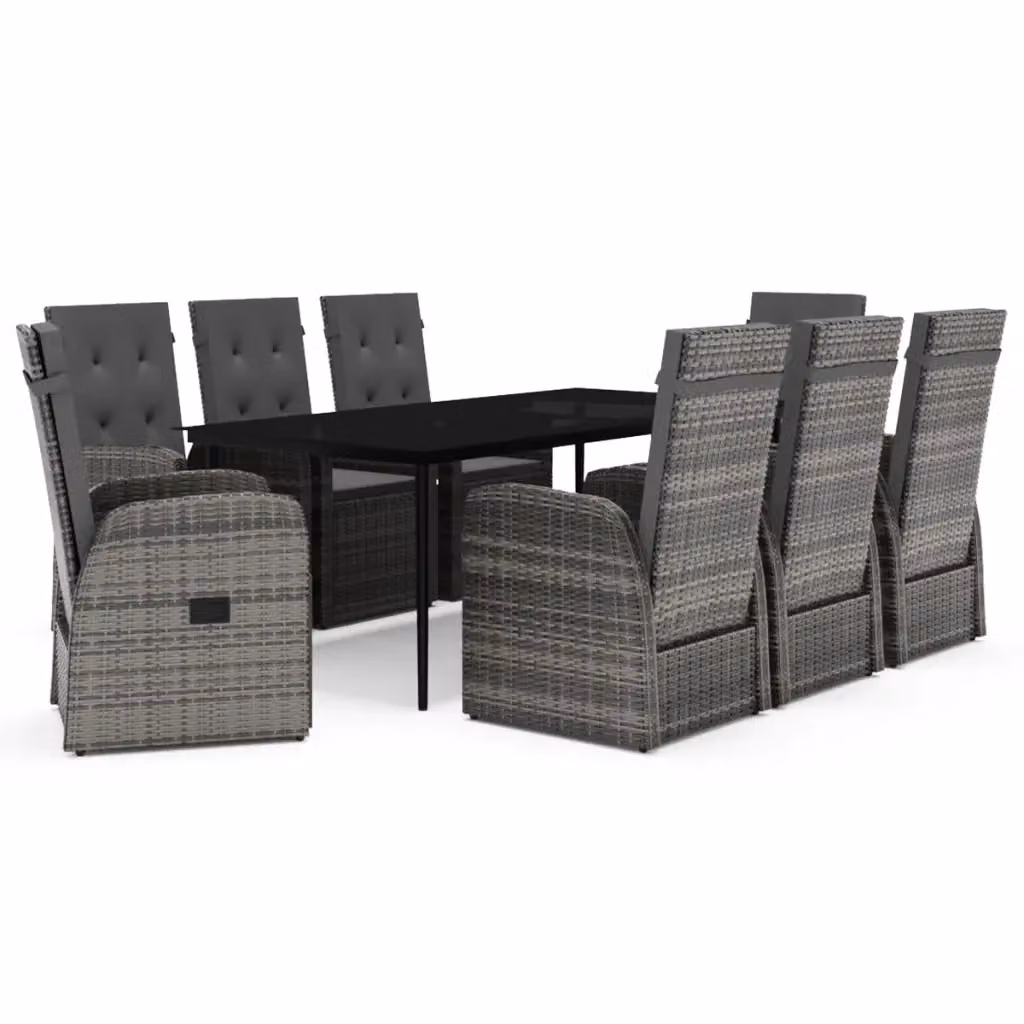 Set da pranzo da giardino vidaXL in polyrattan con cuscini e tavolo in vetro, 9 pezzi, grigio e nero – 2