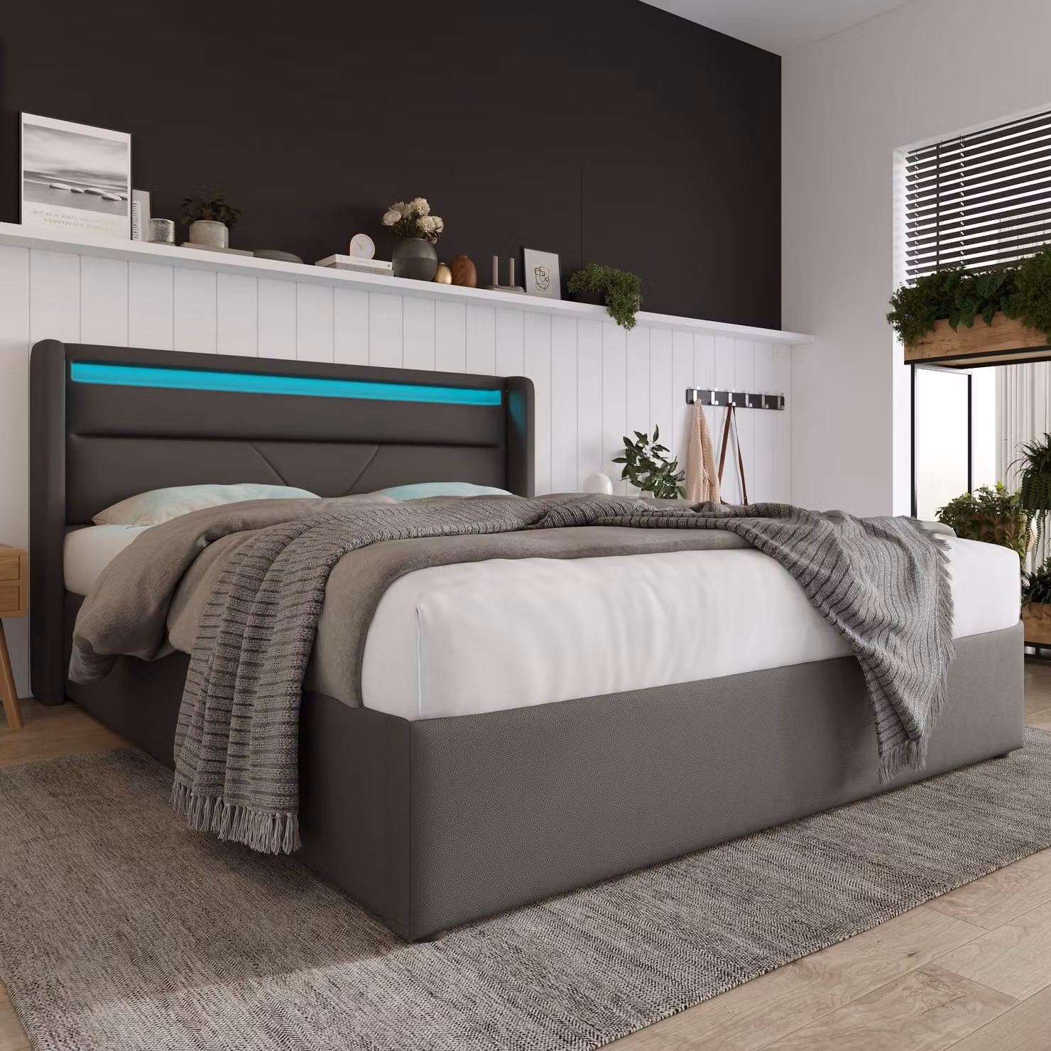 letto imbottito okwish - letto 140x200 cm - letto con contenitore idraulico - letto matrimoniale con materasso, contenitore e LED, grigio (con telecomando)