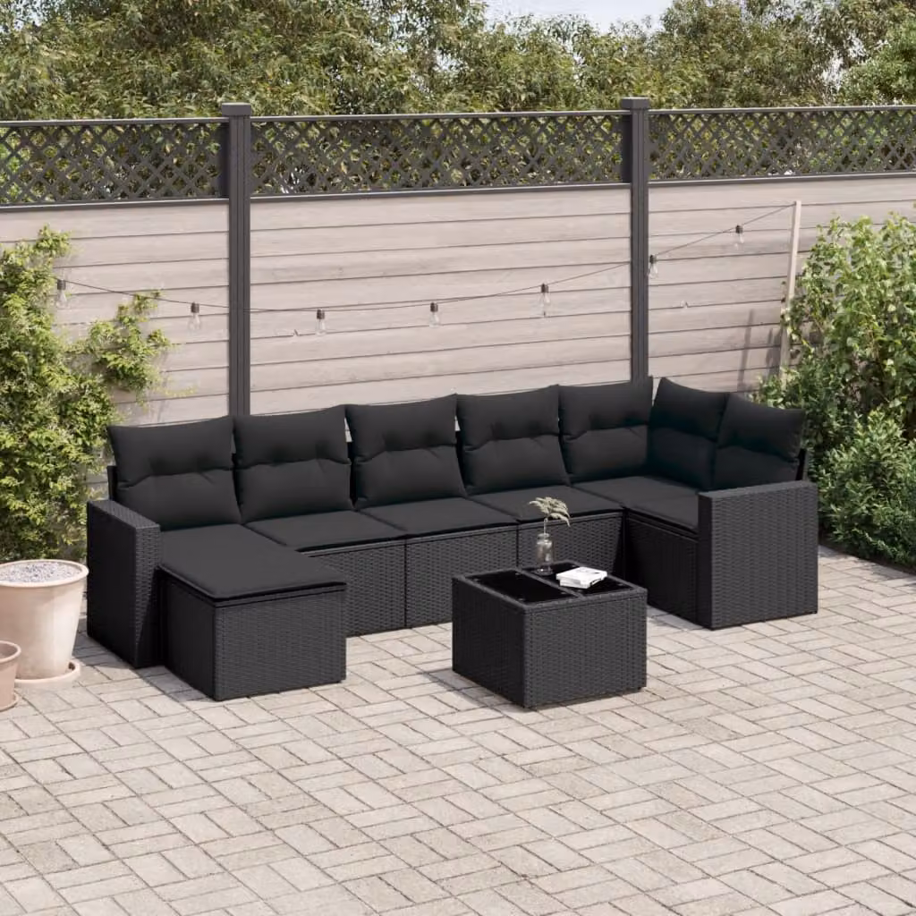 Set di divani da giardino vidaXL a forma di L con cuscini nero in polyrattan e struttura in acciaio – 1
