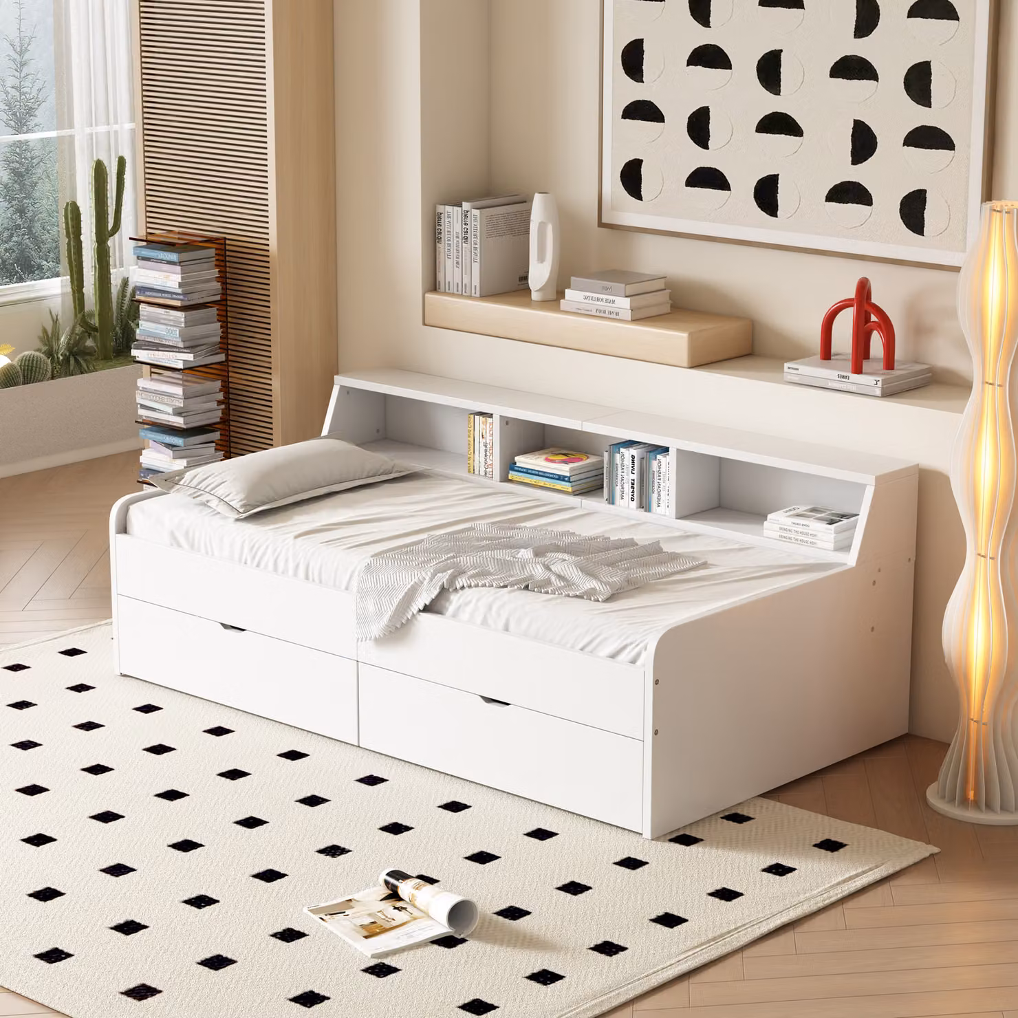 okwish Divano letto 90*200 cm con 2 cassetti e 3 scomparti, bianco
