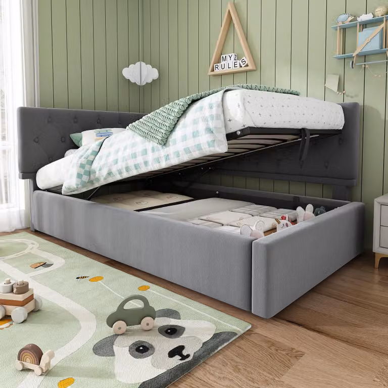 MODFU letto imbottito 90x190 con vano contenitore idraulico, letto in legno letto giovanile con rete a doghe, struttura letto con barra di arresto in metallo, senza materasso, rosaMODFU letto imbottito 90x190 con vano contenitore idraulico, divano letto c