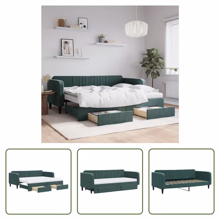 The Living Store Letto da giorno allungabile con cassetti Verde scuro 90x200 cm in velluto