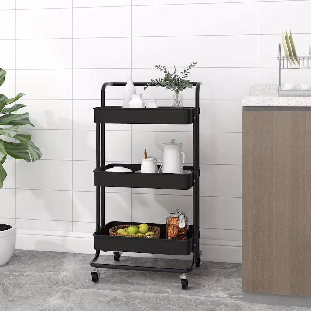 vidaXL Carrello da Cucina Moderno con 3 Ripiani Nero, L 42 cm x P 35 cm x H 85 cm, in Metallo e Plastica con Ruote