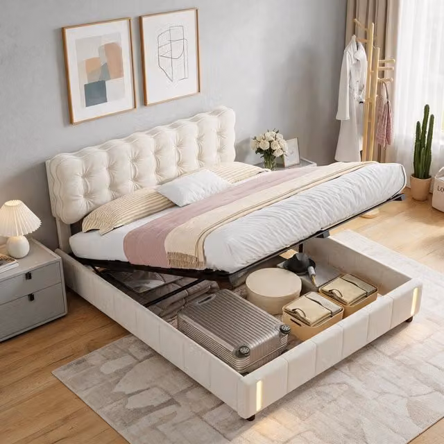 Letto matrimoniale 140x200 cm con contenitore LED testiera imbottita rete a doghe sollevamento idraulico velluto - beige