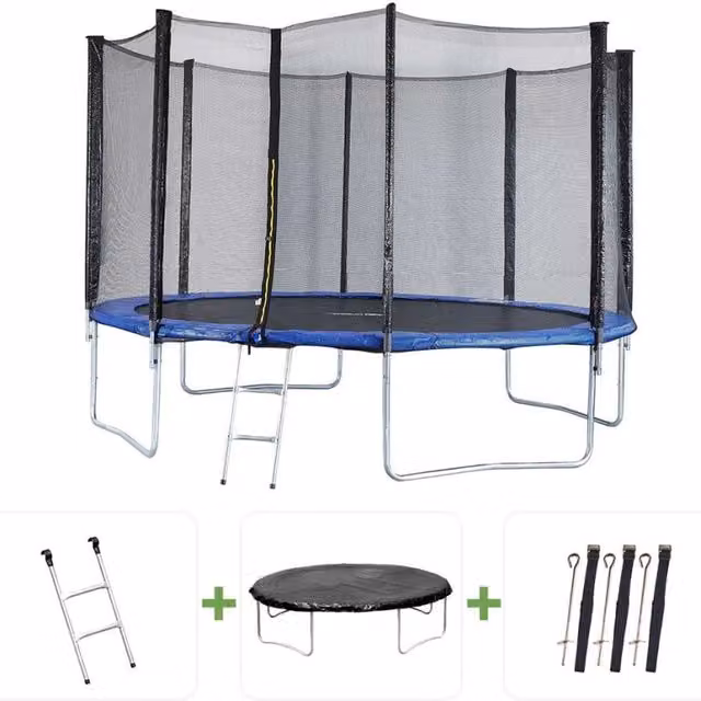 Trampolino Joycy Habitat et Jardin con rete di sicurezza blu e struttura in acciaio galvanizzato, Diametro: 427 cm